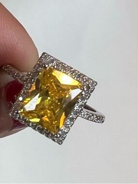 Yellow Square-Cut Halo Ring with Pavé Band